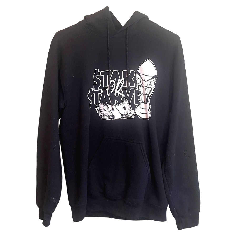 Stak or Starve Mens Streetwear Hiphop Graphic Skate Pullover Hoodie Black Small